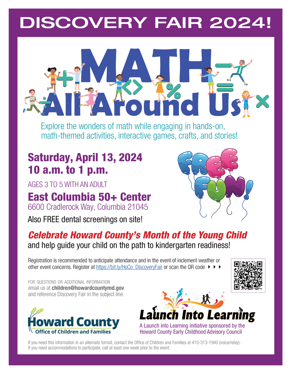 Math All Around Us is the theme of the Children's Discovery Fair for children ages 1 to 3 and parents at on April 13 from 10 a.m. to 1 p.m. at the East Columbia 50+ Center.