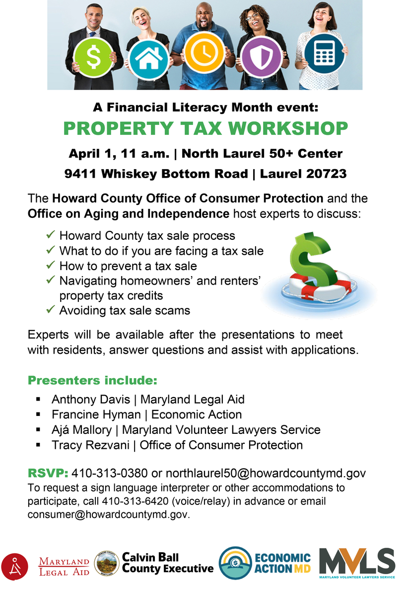 The Office of Consumer Protection and Aging and Independence present a property tax credit workshop on April 1 at 11 a.m. at the North Laurel 50+ Center.