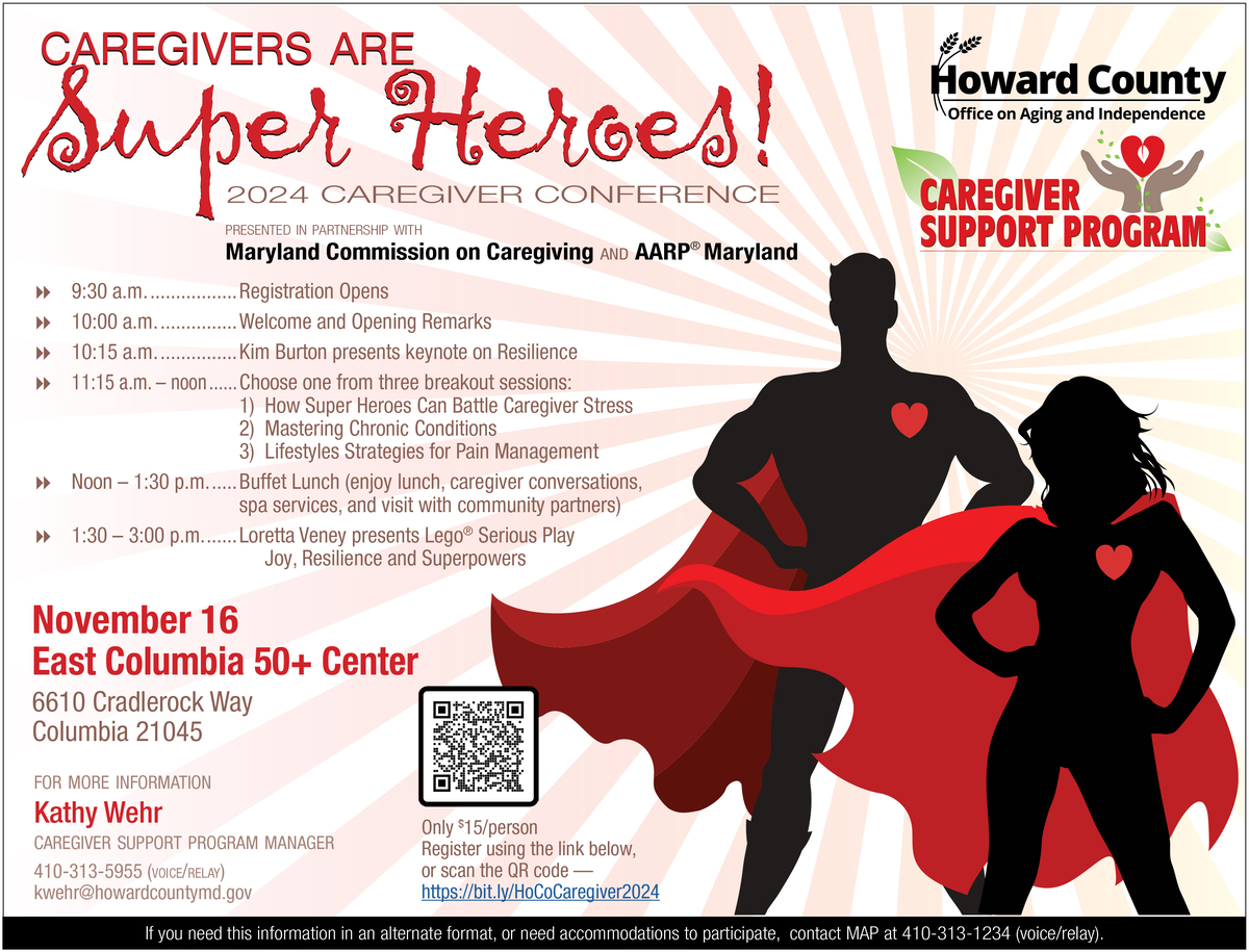 Caregivers are Superheroes caregiver conference flier with silhouettes of caregivers with capes
