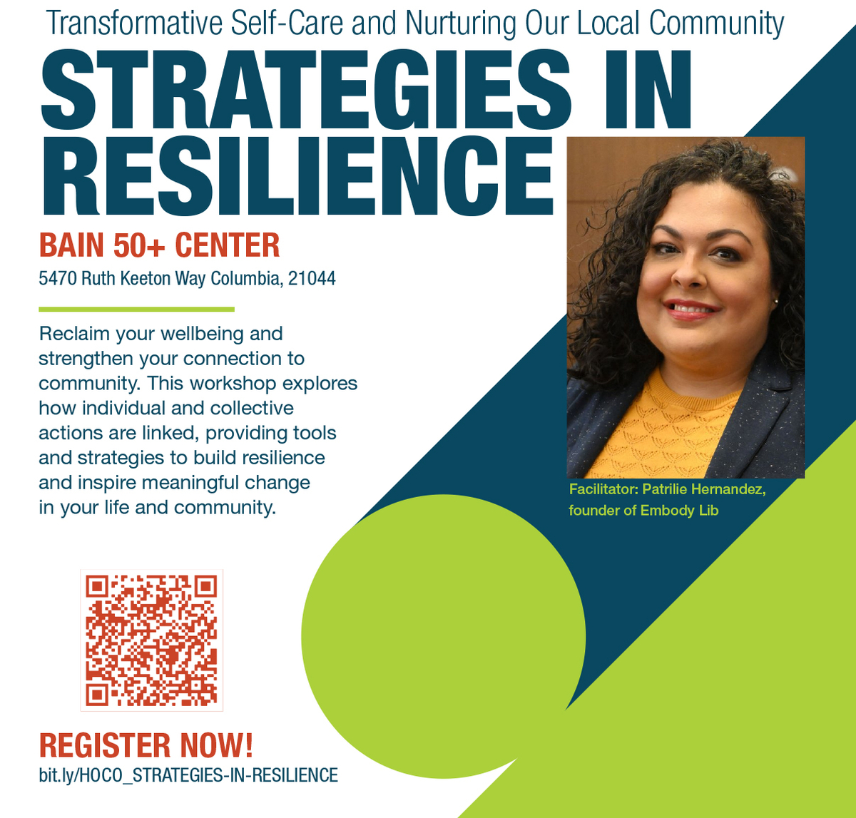 A photo of Patrilie Hernandez, facilitator of the Strategies in Resilience workshop will be held March 6 from 5:30 to 7:30 p.m. at the Bain Center in Columbia.