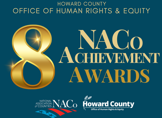 A dark turquoise flyer with gold text reading "8 NACo Achievement Awards"