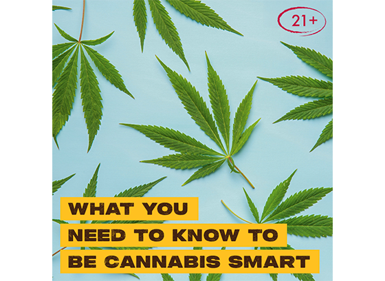 What you need to know to be cannabis smart. Black text on yellow border with cannabis leaves in background