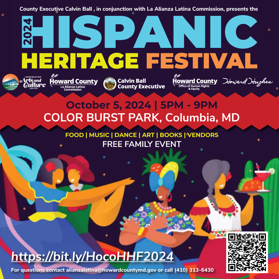 A graphic flyer with 4 animated Latine/Afro Latine folx dancing and serving drinks in a party setting. Onscreen text reads: Hispanic Heritage Festival/October 5 from 5-9p.m./Color Burst Park, Columbia MD/bit.ly/HocoHHF2024/For questions contact alianzalatina@howardcountymd.gov or call 410 313 6430.